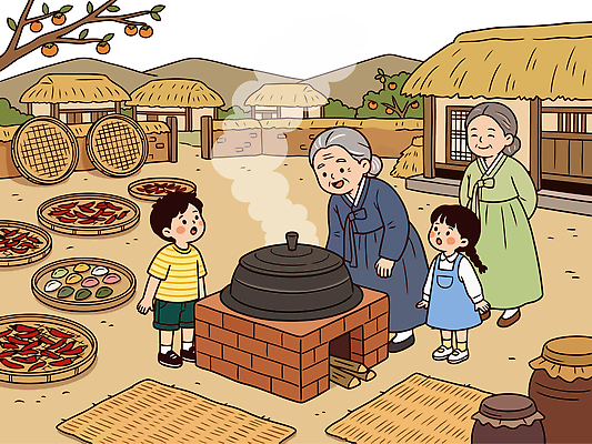 전통 할머니 어린이 음식 일러스트 가족 한국 요리 추석 정원 전통음식 시골 연기 가마솥 국내일러스트 AI파일 여자 명절 노년 아시아 관계 사람 솥 파일형식 벡터 기념일 나라 주방용품 성인 생활용품 이벤트 오브젝트