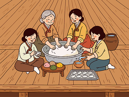 한국문화 전통 여자 음식 일러스트 가족 디저트 한국 요리 추석 모임 전통음식 즐거움 송편 반죽 만들기 송편빚기 특별함 국내일러스트 AI파일 동양문화 명절 감정 아시아 컨셉 관계 모션 떡 사람 요리중 파일형식 벡터 기념일 나라 문화 이벤트