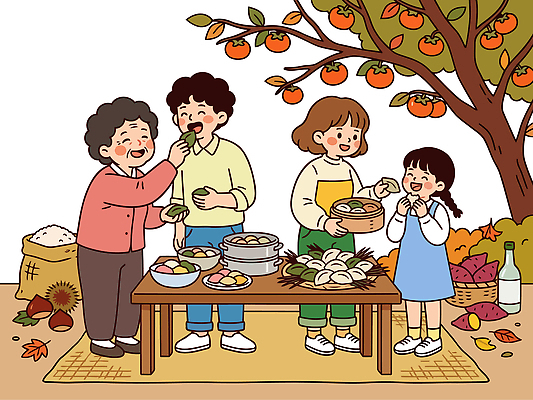 나무 전통 명절 문화 어린이 음식 일러스트 가족 떡 풍경 성인 추석 식사 모임 즐거움 송편 국내일러스트 AI파일 식물 기념일 감정 관계 사람 파일형식 벡터 이벤트