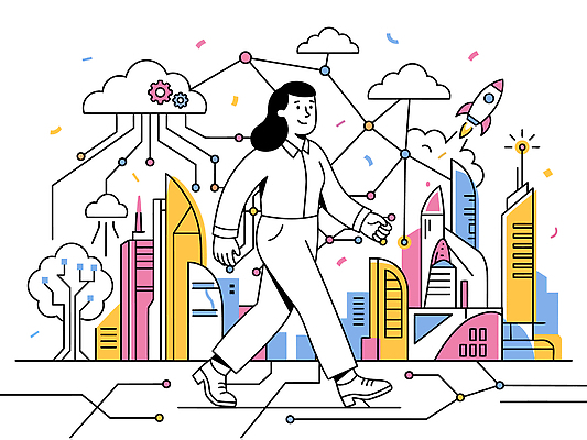 디자인 여자 일러스트 미래 기술 사람 건물 걷기 도시 발전 도심 연결 창의성 활용 AI_인공지능 국내일러스트 AI파일 건축물 컨셉 모션 파일형식 벡터 건축