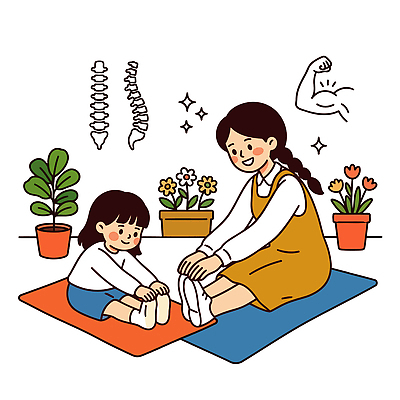 꽃 어린이 일러스트 가족 엄마 실내 건강 운동 스트레칭 매트 성장 마루 국내일러스트 AI파일 식물 관계 바닥 사람 내부 파일형식 벡터