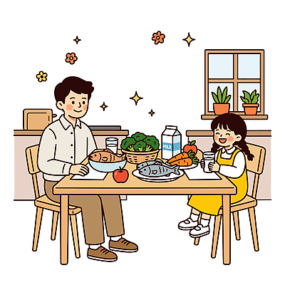 식물 딸 행복 음식 채소 과일 일러스트 가족 식탁 탁자 건강 어류 요리 주방 식사 당근 우유 성장 아빠 사과 건강식 국내일러스트 AI파일 감정 가구 관계 유제품 뿌리채소 수중동물 파일형식 벡터 동물 생활용품 오브젝트