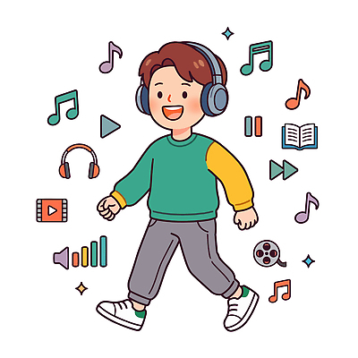 음악 일러스트 소년 걷기 디지털 헤드폰 공책 소리 즐거움 오디오 구독 구독경제 국내일러스트 AI파일 남자 감정 어린이 음향기기 모션 문화예술 문구용품 경제 전자제품 파일형식 벡터 사람 오브젝트