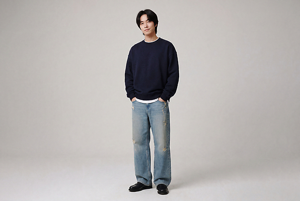 JPG 모델 편집이미지 옷 패션 남자 스튜디오 웃음 청바지 편안함 스웨터 주머니손 의료성형뷰티 스타일 편집실사 AI인물포토 AI콘텐츠 상의 바지 모션 표정 사람 감각 CG 파일형식 AI포토 하의