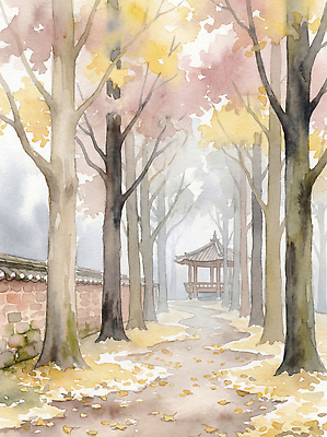 JPG 나무 길 일러스트 자연 한국 풍경 고요 산책 가을 정자 은행나무 흐림 국내일러스트 AI일러스트 식물 계절 아시아 날씨 휴식 생태계 파일형식 AI콘텐츠 나라 컨셉