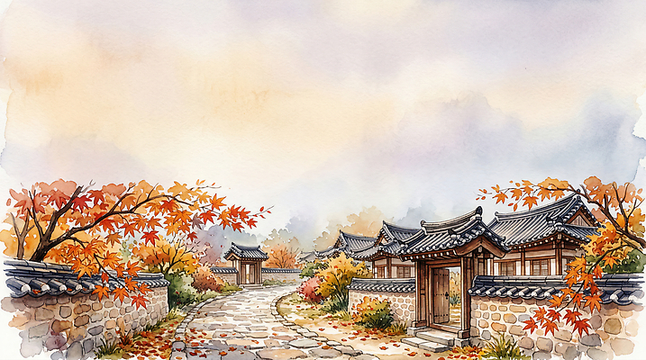 JPG 나무 전통 건축 문화 길 단풍 일러스트 자연 한옥 한국 돌담 풍경 마을 가을 그림 조용 한옥마을 오후 국내일러스트 AI일러스트 AI콘텐츠 식물 한국전통 계절 아시아 고건축 잎 담장 돌 바위 생태계 파일형식 건축물 나라
