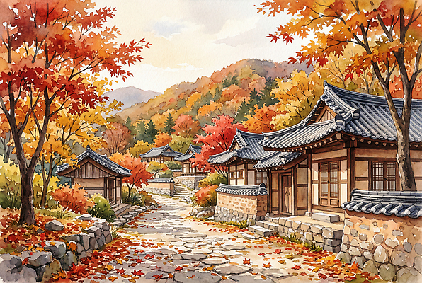 JPG 나무 전통 길 단풍 일러스트 자연 한옥 한국 돌담 풍경 건물 가을 골목길 한옥마을 길가 나무길 풍경화 국내일러스트 AI일러스트 AI콘텐츠 식물 한국전통 건축물 계절 아시아 고건축 잎 담장 마을 돌 바위 그림 생태계 파일형식 건축 나라