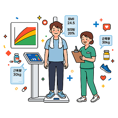 남자 다이어트 일러스트 의료기기 건강 운동 약 자료 간호사 정보 기록 결과 몸무게 측정 체크 상담 영양 건강검진 체지방 체성분분석기 국내일러스트 AI파일 컨셉 의학 사람 의료진 지방 검사 파일형식 벡터 직업 기름