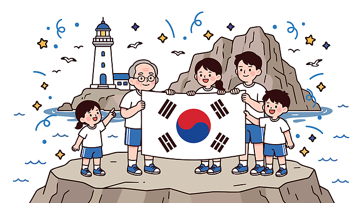 여자 남자 바다 상징 여행 일러스트 가족 자연 한국 등대 들기 해변 바위 태극기 독도 기념사진 국내일러스트 AI파일 아시아 섬 관계 모션 사람 국기 생태계 파일형식 벡터 나라