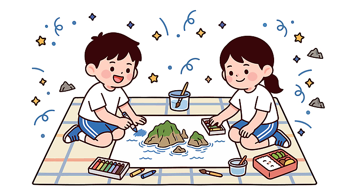 종이 어린이 섬 일러스트 놀이 색연필 모형 물감 미술도구 집중 그림 만들기 독도 창의력 국내일러스트 AI파일 컨셉 모션 학용품 한국 사람 오브젝트 파일형식 벡터 아시아 문구용품 나라