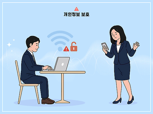 여자 남자 인터넷 일러스트 직장 경고 사람 스마트폰 컴퓨터 사무실 작업 보호 위험 보안 해킹 개인정보 정보보호 정보유출 국내일러스트 AI파일 컨셉 회사 비즈니스 안전 전자제품 핸드폰 스마트기기 정보 파일형식 벡터 유출