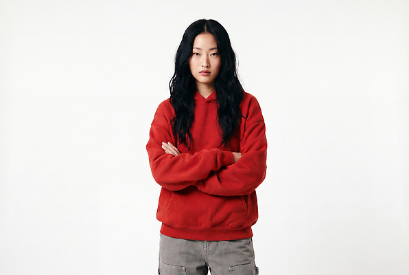 JPG 편집이미지 긴머리 여자 패션 표정 서기 사람 팔짱 검은머리 흰배경 의료성형뷰티 스타일 편집실사 AI인물포토 AI콘텐츠 헤어스타일 모션 흰색 CG 파일형식 AI포토 컬러