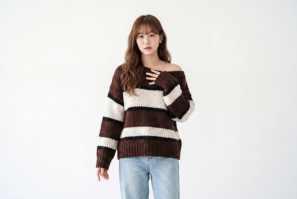 JPG 모델 편집이미지 옷 여자 패션 포즈 스튜디오 머리 줄무늬 스웨터 니트 의료성형뷰티 스타일 편집실사 AI인물포토 AI콘텐츠 상의 무늬 사람 신체부위 CG 파일형식 AI포토
