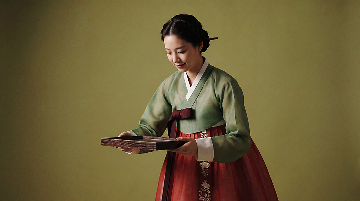 JPG 편집이미지 전통 옷 여자 명절 문화 한국 쟁반 웃음 손짓 한복 의료성형뷰티 편집실사 AI인물포토 AI콘텐츠 한국전통 기념일 아시아 모션 표정 사람 전통의상 CG 파일형식 AI포토 나라 이벤트