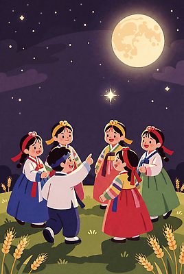 JPG 전통 행복 별 문화 일러스트 자연 놀이 조명 웃음 소녀 소년 야외 친구 추석 모임 보름달 달 농촌 밤 한복 국내일러스트 AI일러스트 AI콘텐츠 자연요소 한국전통 여자 명절 남자 감정 어린이 관계 표정 시골 전통의상 생태계 파일형식 기념일 한국 사람 아시아 이벤트 나라
