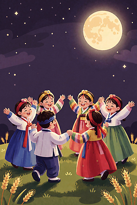 JPG 전통 일러스트 놀이 하늘 웃음 소녀 소년 친구 손들기 추석 축제 기쁨 모임 보름달 달 농촌 춤 밤 한복 즐거움 국내일러스트 AI일러스트 AI콘텐츠 자연요소 한국전통 여자 명절 남자 감정 어린이 관계 모션 문화예술 표정 시골 전통의상 파일형식 기념일 한국 사람 아시아 이벤트 나라