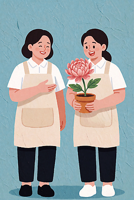 JPG 식물 여자 꽃 행복 화분 일러스트 협력 대화 웃음 사람 일상 친구 정원 친환경 원예 국내일러스트 AI일러스트 AI콘텐츠 감정 관계 표정 말하기 취미 라이프 환경 파일형식 모션 생활