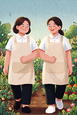 JPG 식물 여자 꽃 농업 일러스트 자연 협력 작업복 웃음 풍경 두명 여름 친구 걷기 정원 농사 동료 친환경 원예 가꾸기 국내일러스트 AI일러스트 AI콘텐츠 옷 계절 산업 관계 모션 표정 사람 취미 환경 생태계 파일형식