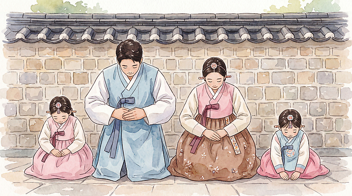JPG 전통 옷 여자 명절 남자 문화 일러스트 가족 한옥 한국 돌담 고개숙이기 소녀 추석 모임 예절 절 한복 국내일러스트 AI일러스트 AI콘텐츠 한국전통 기념일 아시아 어린이 고건축 관계 숙이기 사람 담장 돌 바위 전통의상 파일형식 건축물 나라 포즈 이벤트 건축