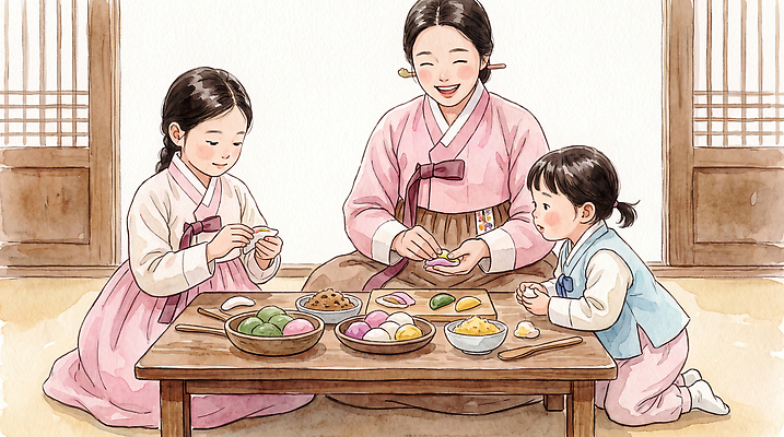 JPG 전통 여자 명절 딸 문화 음식 일러스트 재료 가족 엄마 한옥 떡 한국 대화 요리 웃음 소녀 추석 방 한복 즐거움 만들기 국내일러스트 AI일러스트 AI콘텐츠 한국전통 기념일 감정 아시아 어린이 고건축 관계 모션 표정 말하기 사람 전통의상 파일형식 건축물 나라 이벤트 건축