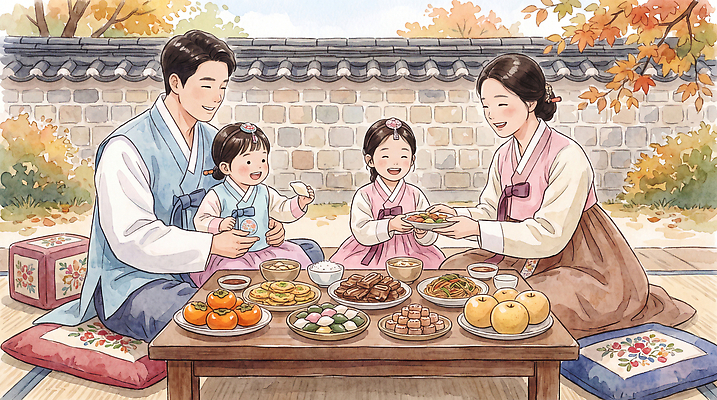 JPG 전통 여자 명절 남자 행복 문화 음식 과일 일러스트 가족 한옥 한국 따뜻함 웃음 소녀 추석 식사 가을 전통의상 한복 한정식 국내일러스트 AI일러스트 AI콘텐츠 한국전통 계절 기념일 감정 아시아 어린이 한식 고건축 관계 표정 사람 정식 파일형식 건축물 나라 이벤트 건축