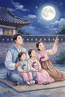 JPG 전통 여자 명절 남자 행복 별 문화 어린이 일러스트 가족 엄마 한옥 한국 이야기 대화 소녀 야외 추석 달 시골 아빠 밤 한복 즐거움 국내일러스트 AI일러스트 AI콘텐츠 자연요소 한국전통 기념일 감정 아시아 고건축 관계 말하기 사람 전통의상 파일형식 건축물 나라 모션 이벤트 건축
