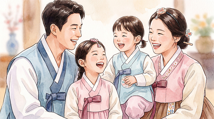 JPG 전통 옷 여자 명절 남자 딸 행복 문화 어린이 일러스트 가족 관계 한옥 한국 함께함 사랑 웃음 소녀 부모 추석 방 한복 즐거움 소통 국내일러스트 AI일러스트 AI콘텐츠 한국전통 기념일 감정 아시아 컨셉 고건축 표정 사람 전통의상 파일형식 건축물 나라 이벤트 건축