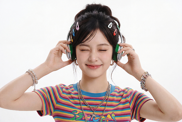 JPG 편집이미지 여자 패션 행복 음악 포즈 표정 헤드셋 줄무늬 듣기 머리핀 즐거움 의료성형뷰티 스타일 편집실사 AI인물포토 AI콘텐츠 감정 음향기기 무늬 장신구 모션 문화예술 사람 헤드폰 CG 파일형식 AI포토 전자제품