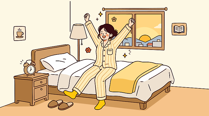 여자 행복 시계 일러스트 창문 아침 조명 슬리퍼 일상 생활 햇빛 태양 기쁨 침실 기상 침대 일어나기 미라클모닝 국내일러스트 AI파일 주간 자연요소 감정 가구 신발 모션 사람 라이프 빛 자기계발 파일형식 벡터 생활용품 오브젝트