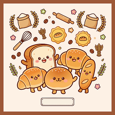 캐릭터 디자인 일러스트 재료 디저트 요리 웃음 빵집 원두 도구 바게트 밀 크루아상 식빵 즐거움 제빵 아기자기 국내일러스트 AI파일 감정 커피 음식 빵 컨셉 곡류 표정 제과제빵 상점 파일형식 벡터 음료