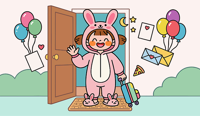 일러스트 놀이 웃음 소녀 친구 귀여움 공간 방 잠옷 토끼 편지 즐거움 파자마파티 초대장 초대 풍선 방문 놀기 홈파티 동물옷 국내일러스트 AI파일 옷 여자 감정 어린이 컨셉 포유류 관계 모션 카드_감사 표정 반려동물 파티 파일형식 벡터 동물 사람 이벤트