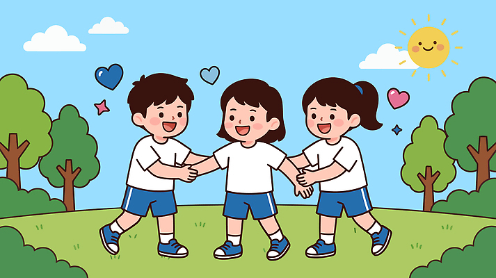 나무 공원 어린이 일러스트 자연 놀이 하늘 협력 함께함 웃음 소녀 소년 세명 여름 친구 손잡기 만남 즐거움 국내일러스트 AI파일 식물 계절 공공시설 여자 남자 감정 컨셉 관계 모션 표정 사람 생태계 파일형식 벡터 시설