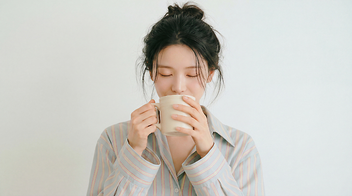 JPG 편집이미지 여자 커피 벽 집안 휴식 앉기 빛 잠옷 마시기 분위기 포근함 편안함 뷰티풀 의료성형뷰티 약함 편집실사 AI인물포토 AI콘텐츠 옷 음료 컨셉 모션 실내 사람 감각 CG 파일형식 AI포토 내부