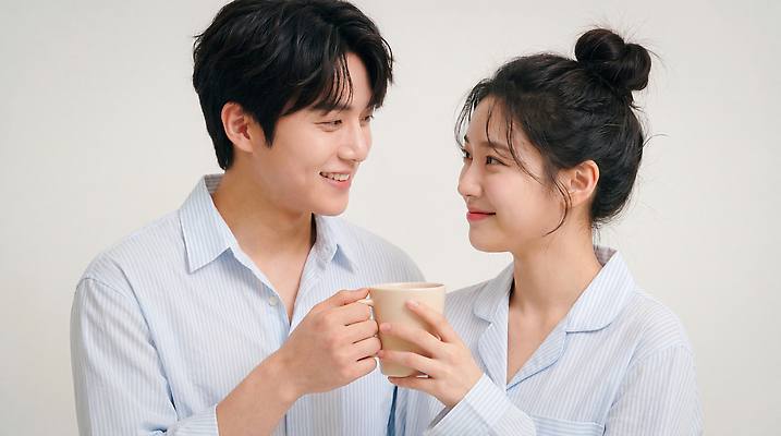 JPG 편집이미지 부부 여자 남자 행복 감정 커피 집안 휴식 사랑 미소 웃음 잠옷 마시기 포근함 편안함 뷰티풀 의료성형뷰티 편집실사 AI인물포토 AI콘텐츠 커플 옷 음료 컨셉 모션 실내 표정 사람 감각 CG 파일형식 AI포토 관계 내부
