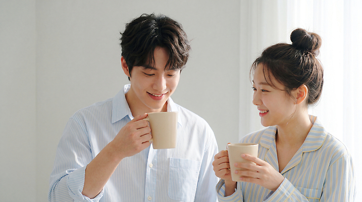 JPG 편집이미지 부부 여자 남자 커피 관계 아침 집안 티타임 휴식 따뜻함 대화 웃음 사람 방 잠옷 만남 포근함 편안함 즐거움 뷰티풀 의료성형뷰티 편집실사 AI인물포토 AI콘텐츠 주간 커플 옷 감정 음료 컨셉 실내 표정 말하기 감각 CG 파일형식 AI포토 자연요소 모션 내부