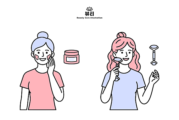 여자 얼굴 일러스트 건강 관리 일상 뷰티 화장품 도구 마사지 피부 크림 스킨케어 마사지롤러 국내일러스트 AI파일 사람 라이프 신체부위 파일형식 벡터 생활