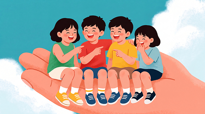 JPG 구름 손 행복 일러스트 장난 하늘 함께함 이야기 웃음 소녀 소년 친구 희망 보호 즐거움 돌봄 국내일러스트 AI일러스트 AI콘텐츠 자연요소 여자 남자 감정 어린이 컨셉 관계 모션 표정 신체부위 파일형식 사람