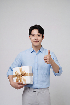 JPG 편집이미지 기념일 남자 행복 표정 미소 선물상자 엄지손가락 축하 긍정 패키지 따봉 의료성형뷰티 편집실사 AI인물포토 AI콘텐츠 감정 컨셉 손가락 선물 사람 이벤트 상자 최고 CG 파일형식 AI포토 손 신체부위