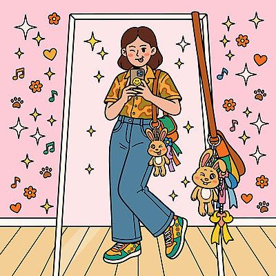 컬러 컨셉 상의 무늬 바지 사람 라이프 핸드폰 스마트기기 사진촬영 셀프카메라 AI콘텐츠 거울샷 포즈 꾸미기 키링 여자 거울 스마트폰 청바지 셔츠 패턴 분홍색 장신구 인형 신발 스타일 청춘 일상 패션 국내일러스트 AI일러스트 일러스트 유행