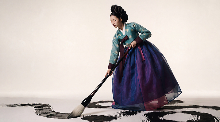 JPG 편집이미지 한국전통 여자 문화 예술 서예 바닥 한국 들기 붓 작업 전통의상 한복 먹 집중 그림 퍼포먼스 서예붓 의료성형뷰티 편집실사 AI인물포토 AI콘텐츠 전통 아시아 컨셉 모션 사람 CG 파일형식 AI포토 나라