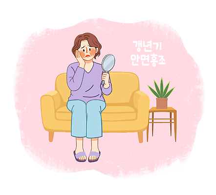 PSD 여자 감정 화분 중년 생각 일러스트 탁자 실내 표정 생활 소파 거울 방 고민 걱정 갱년기 홍조 국내일러스트 가구 의자 사람 성인 내부 증상 파일형식 생활용품 오브젝트