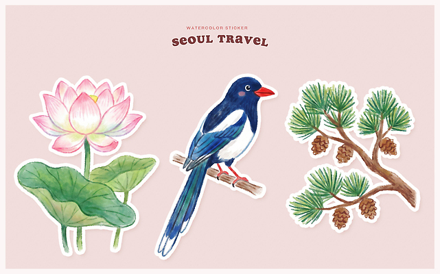 PSD 디자인 문화 예술 스티커 일러스트 자연 조류 수채화 한국 나뭇가지 소나무 수련 그림 까치 엘리먼트 나무 동물 아시아 생태계 파일형식 식물 나라