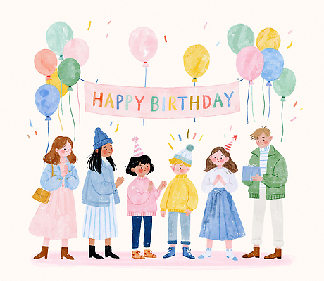 PSD 기념일 행복 일러스트 함께함 웃음 이벤트 친구 파티 모임 만남 축하 생일파티 생일 분위기 즐거움 풍선 감정 컨셉 관계 표정 파일형식