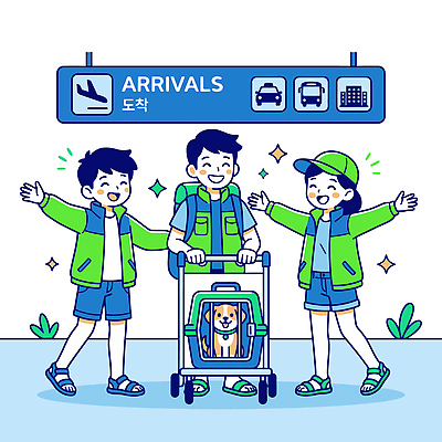 여행 이동 일러스트 가족 친구 반려동물 캐리어 기쁨 만남 짐 인사 강아지 공항 도착 환영 반가움 이동가방 캡모자 국내일러스트 AI파일 동물 모자 감정 컨셉 가방 관계 교통시설 여행가방 예절 개 파일형식 벡터 반려용품 잡화 교통 포유류 오브젝트 시설