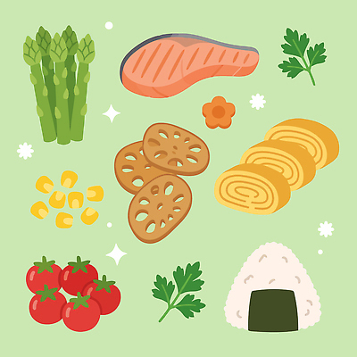 토마토 채소 일러스트 재료 밥 건강 어류 요리 계란 식사 오브젝트 김밥 아스파라거스 연어 연근 국내일러스트 AI파일 음식 알 수중동물 파일형식 벡터 동물