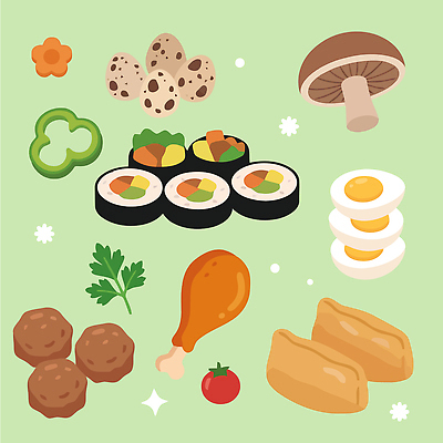 디자인 음식 채소 일러스트 재료 건강 육류 요리 계란 오브젝트 김밥 영양 메추리알 건강식 유부초밥 먹거리 국내일러스트 AI파일 식재료 알 초밥 파일형식 벡터 일본음식