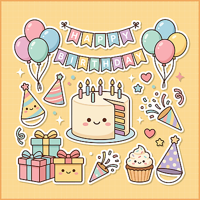 스티커 일러스트 디저트 선물 장식 세트 파티 케이크 기쁨 축하 생일 달콤 컵케이크 즐거움 풍선 국내일러스트 AI파일 기념일 감정 음식 컨셉 이벤트 맛 파일형식 벡터