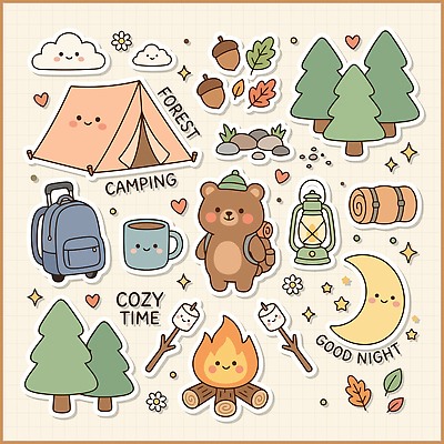 나무 여행 스티커 일러스트 배낭 곰 자연 불 조명 텐트 컵 여름 세트 캠핑 밤 숲 모닥불 국내일러스트 AI파일 자연요소 식물 동물 식기 계절 가방 포유류 레저 캠핑도구 생태계 파일형식 벡터 잡화 도구