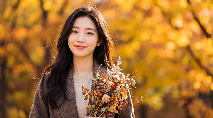 JPG 편집이미지 계절 여자 꽃다발 포즈 잎 자연 나뭇잎 웃음 풍경 햇빛 가을 숲 외출 의료성형뷰티 편집실사 AI인물포토 AI콘텐츠 식물 꽃 표정 사람 빛 CG 생태계 파일형식 AI포토