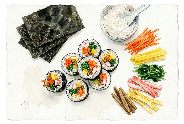 JPG 음식 채소 일러스트 재료 밥 한국 건강 요리 김 준비 김밥 AI일러스트 아시아 해조류 파일형식 AI콘텐츠 나라 해양식물 수중식물 식물